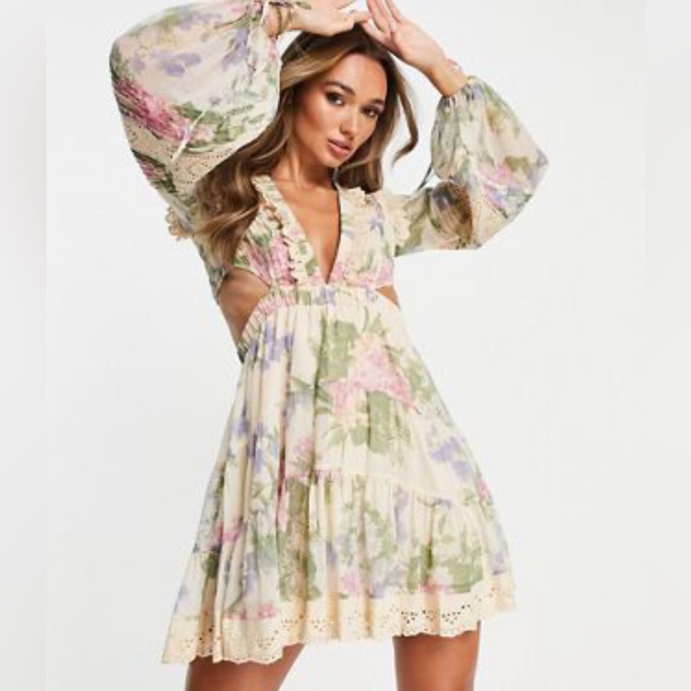 ASOS DESIGN floral print mini dress with lace detail trim